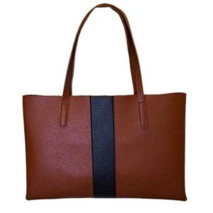 Vince Camuto Pebbled Faux Leather Tote in Brown with Black Stripe